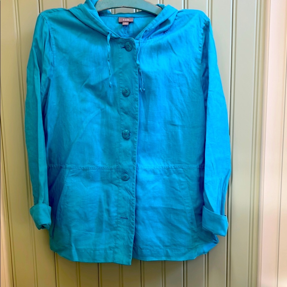 J. Jill Turquoise 100% Linen Hooded Button-Up Shirt-Jacket